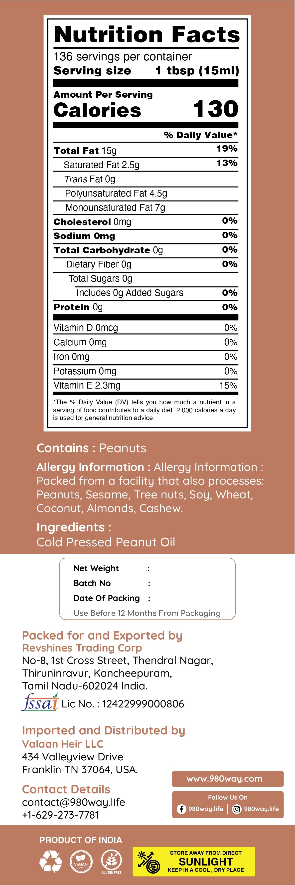 Cold Pressed Peanut Oil - 1000 ml (33.81 floz)