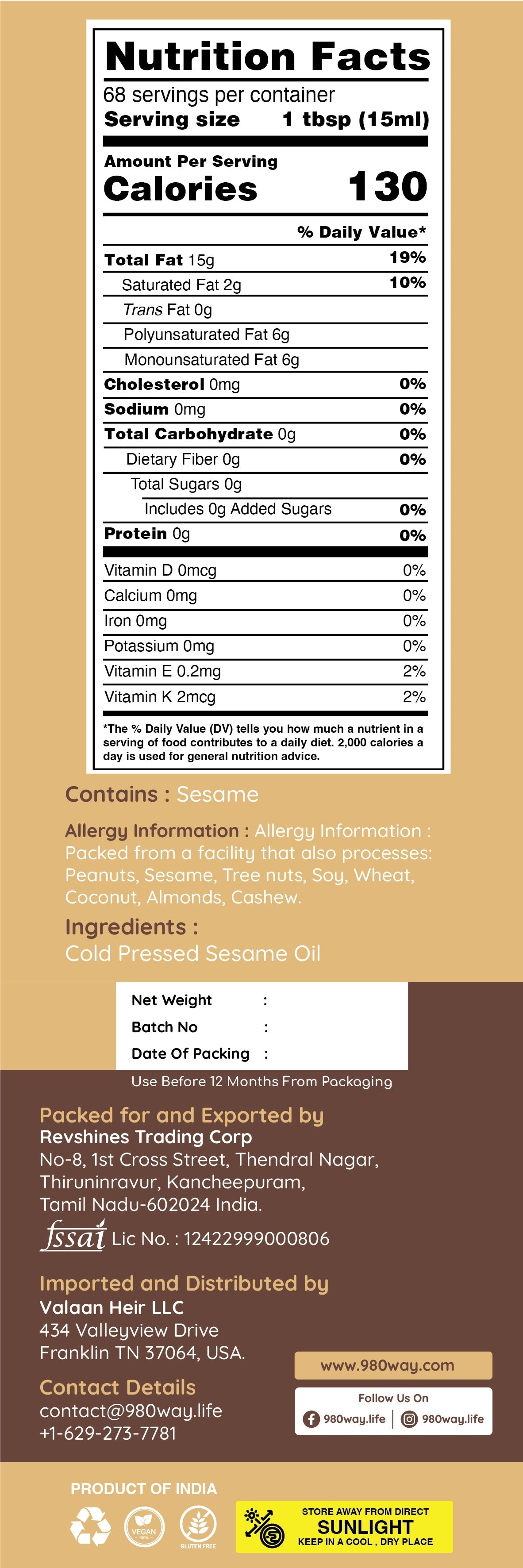 Cold Pressed Sesame Oil