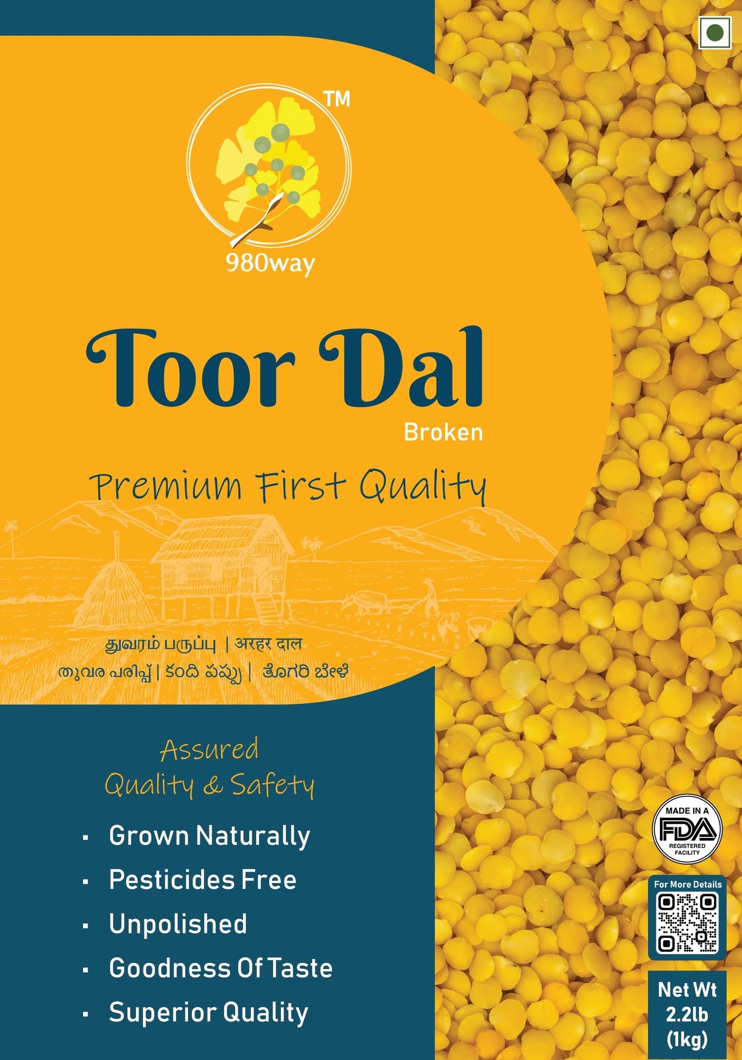 Split Pigeon Peas (Toor) Dal - 1000 gms (2.2 lbs)